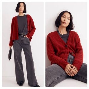 Women's Madewell Red Ribbed Cropped Button Cardigan xs